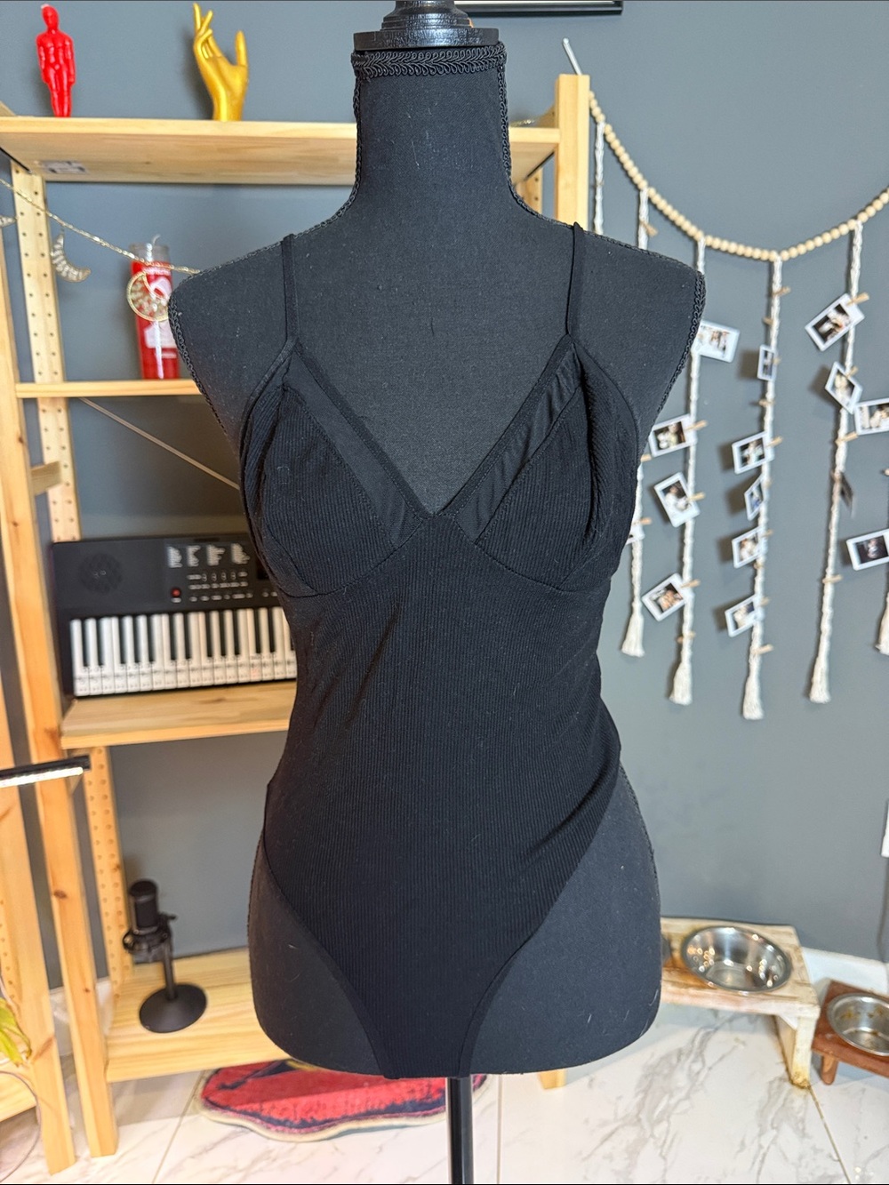 Black Ribbed V-Neck Spaghetti Strap Bodysuit - Women